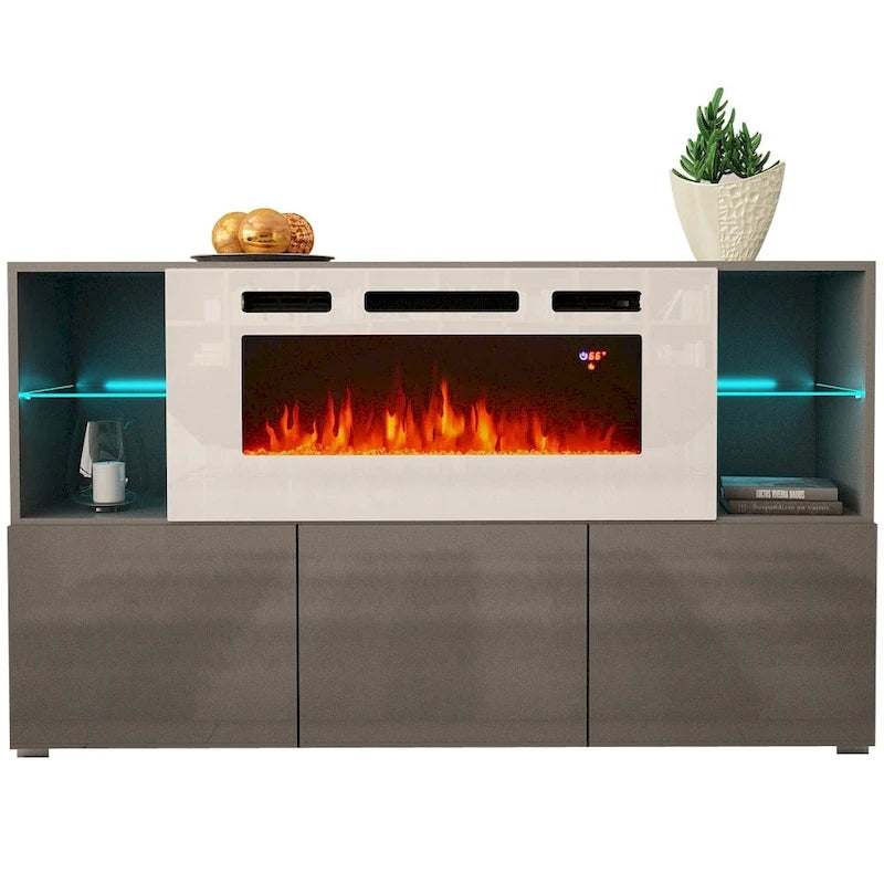 63" Electric Fireplace Sideboard with 4 Open Shelves & Remote Control