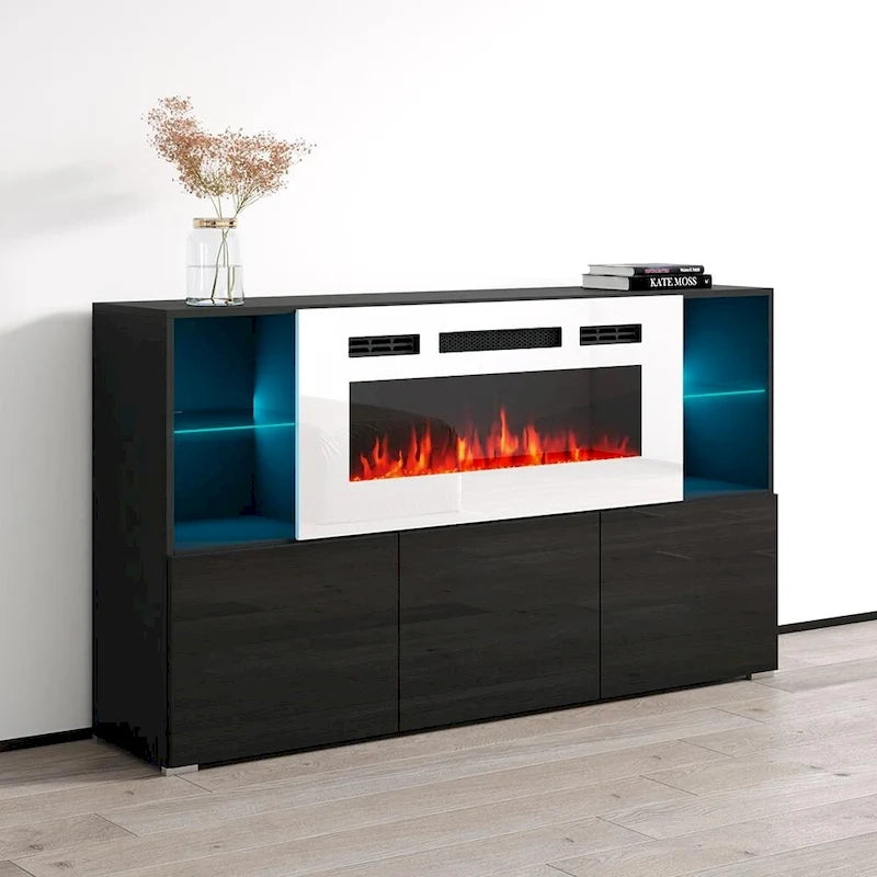 Aparador eléctrico con chimenea de 63", 4 estantes abiertos y control remoto