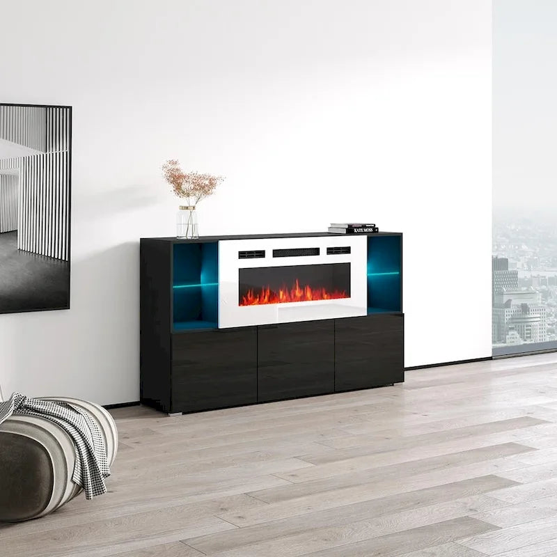 63" Electric Fireplace Sideboard with 4 Open Shelves & Remote Control