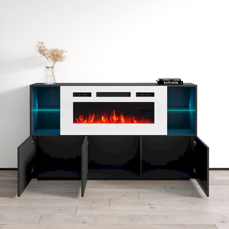 63" Electric Fireplace Sideboard with 4 Open Shelves & Remote Control