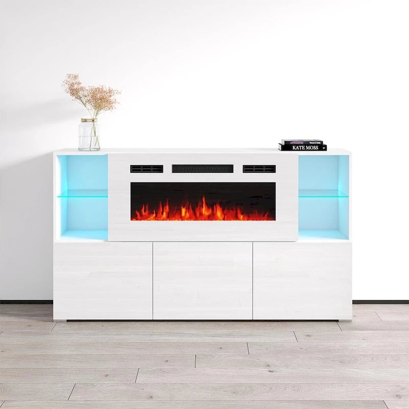 63" Electric Fireplace Sideboard with 4 Open Shelves & Remote Control
