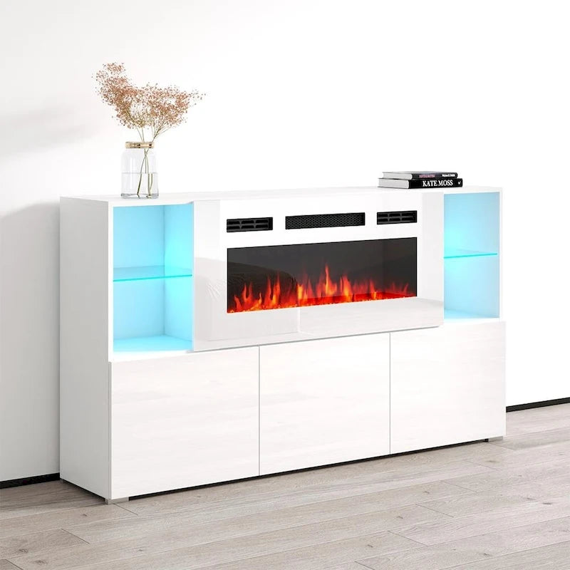 Aparador eléctrico con chimenea de 63", 4 estantes abiertos y control remoto