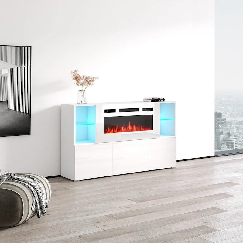 Aparador eléctrico con chimenea de 63", 4 estantes abiertos y control remoto