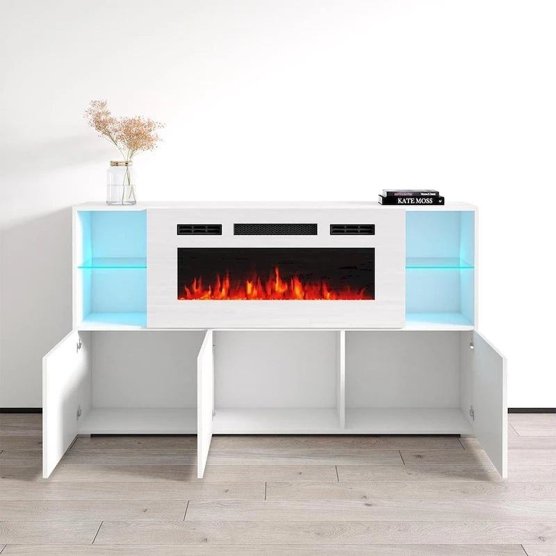 Aparador eléctrico con chimenea de 63", 4 estantes abiertos y control remoto