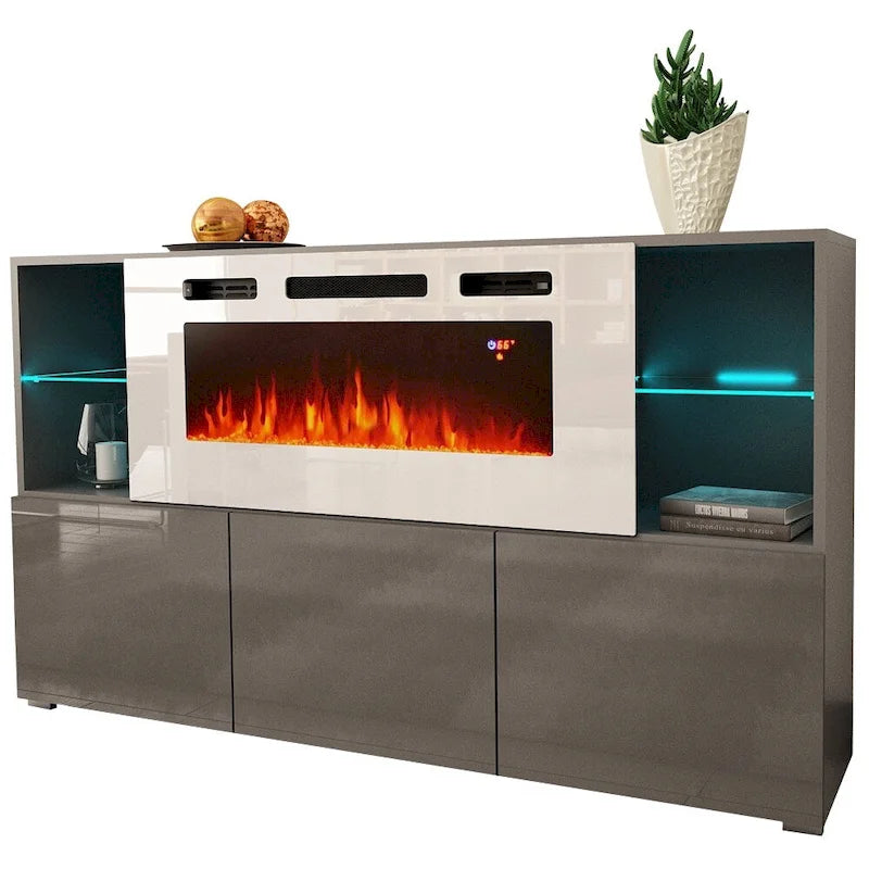 Aparador eléctrico con chimenea de 63", 4 estantes abiertos y control remoto