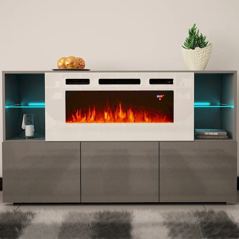 Aparador eléctrico con chimenea de 63", 4 estantes abiertos y control remoto