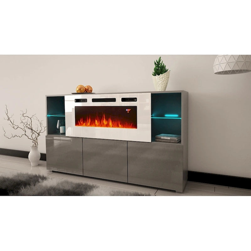 Aparador eléctrico con chimenea de 63", 4 estantes abiertos y control remoto