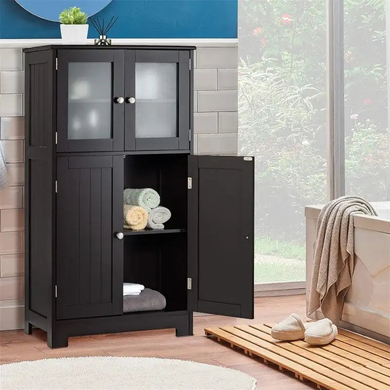 Freestanding Bathroom Floor Cabinet with Frosted Glass Doors and Adjustable Shelf