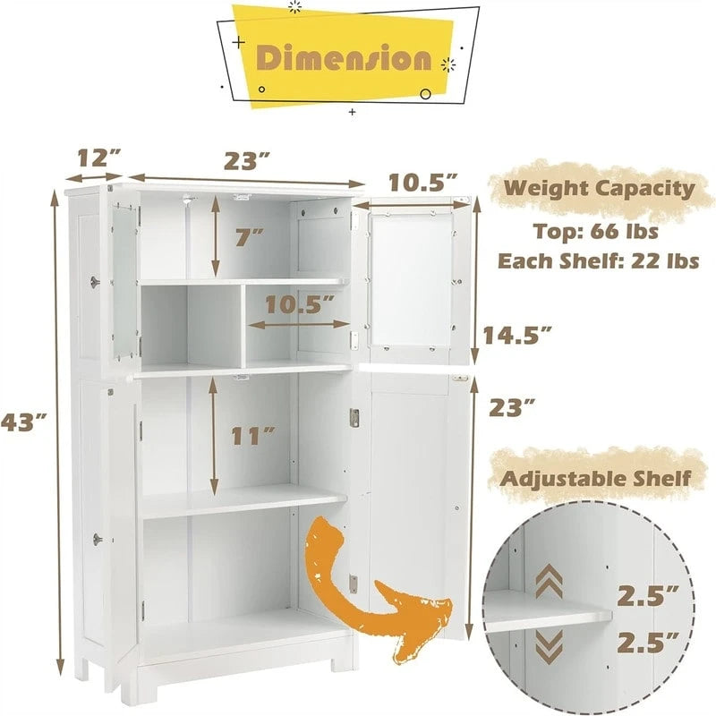 Freestanding Bathroom Floor Cabinet with Frosted Glass Doors and Adjustable Shelf