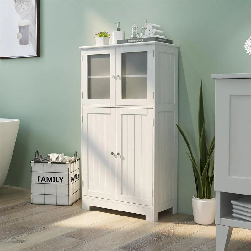 Freestanding Bathroom Floor Cabinet with Frosted Glass Doors and Adjustable Shelf