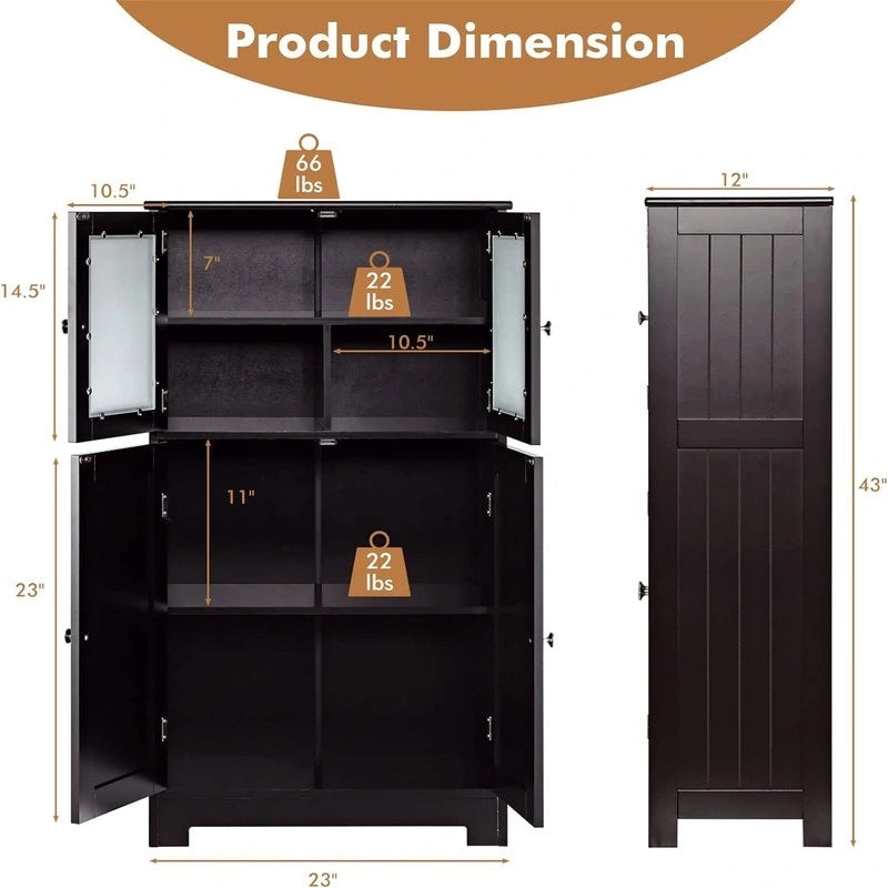 Freestanding Bathroom Floor Cabinet with Frosted Glass Doors and Adjustable Shelf
