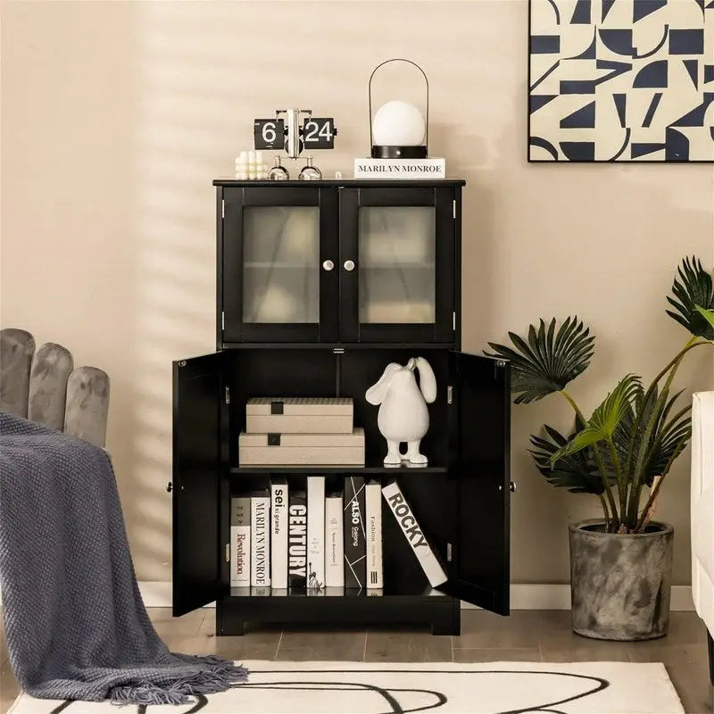 Freestanding Bathroom Floor Cabinet with Frosted Glass Doors and Adjustable Shelf