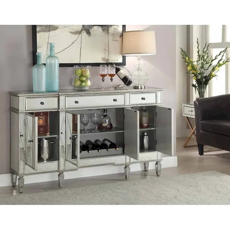Mirrored Silver Wine Cabinet with 6-Bottle Rack & 6 Shelves
