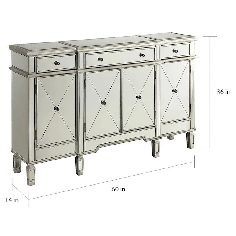 Mirrored Silver Wine Cabinet with 6-Bottle Rack & 6 Shelves