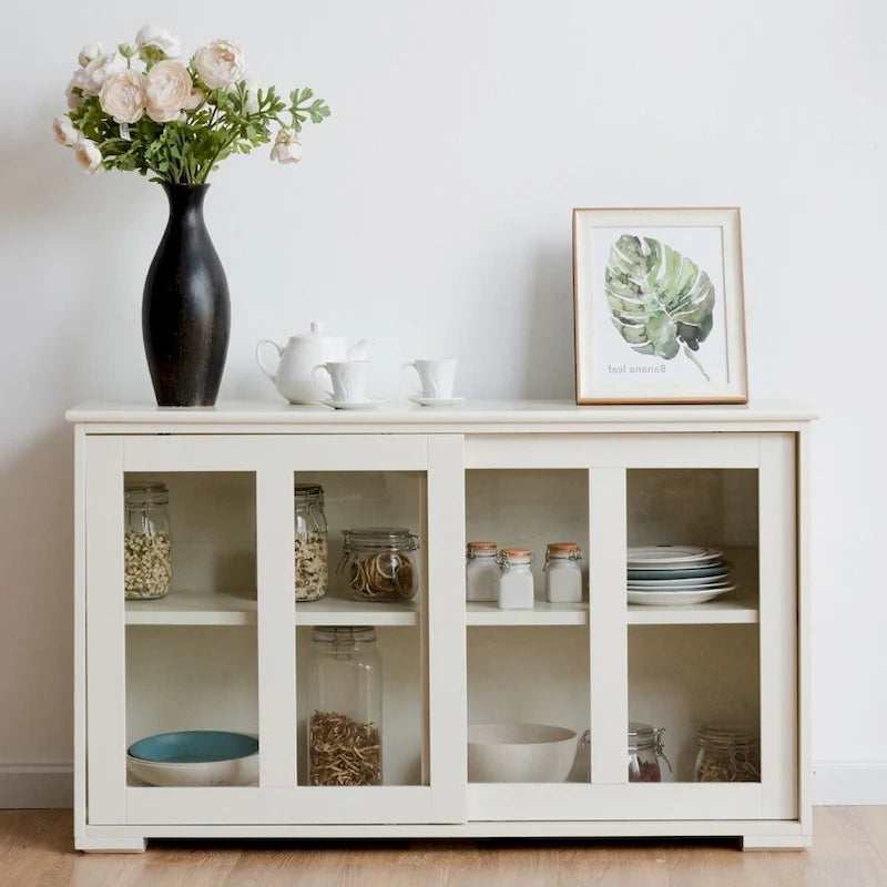 Modern Buffet Sideboard Cabinet with Tempered Glass Sliding Doors & 2 Shelves