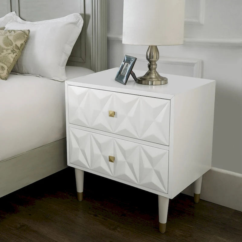 White Geometric Textured 2-Drawer Nightstand with Gold Legs