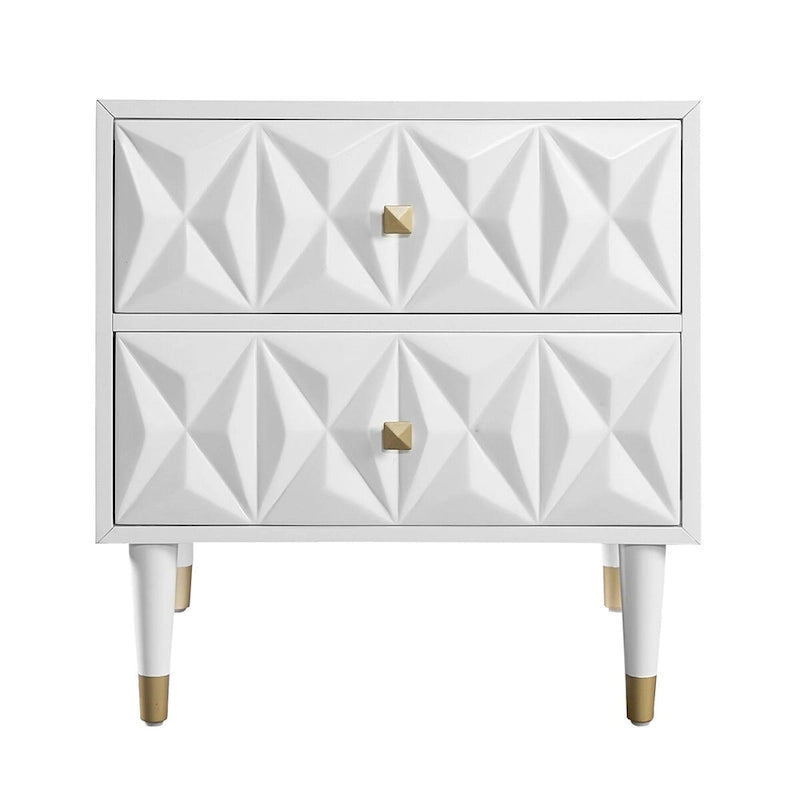 White Geometric Textured 2-Drawer Nightstand with Gold Legs