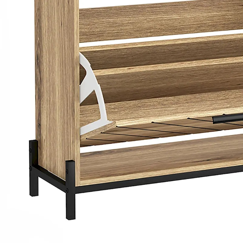 Flip-Drawer Shoe Cabinet with Open Shelf & Metal Legs – Holds 12–18 Pairs