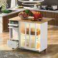 Rolling Kitchen Island Cart with Drop Leaf, LED Light and Sliding Glass Doors