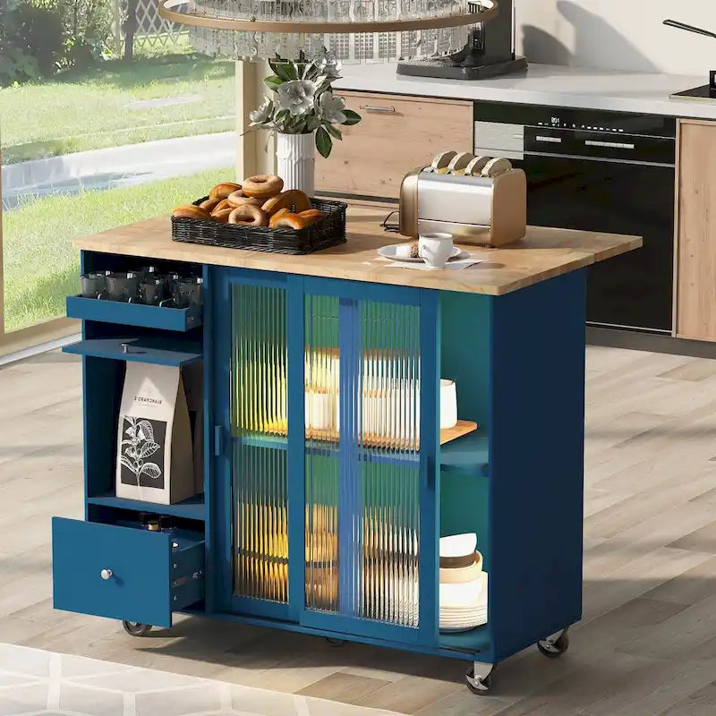 Rolling Kitchen Island Cart with Drop Leaf, LED Light and Sliding Glass Doors