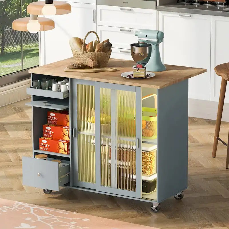 Rolling Kitchen Island Cart with Drop Leaf, LED Light and Sliding Glass Doors