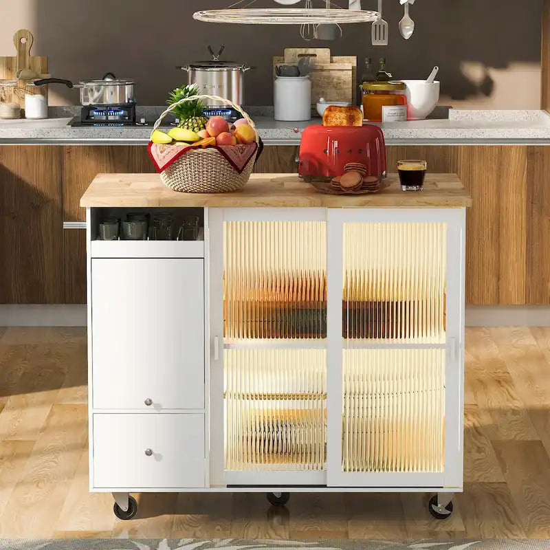 Rolling Kitchen Island Cart with Drop Leaf, LED Light and Sliding Glass Doors
