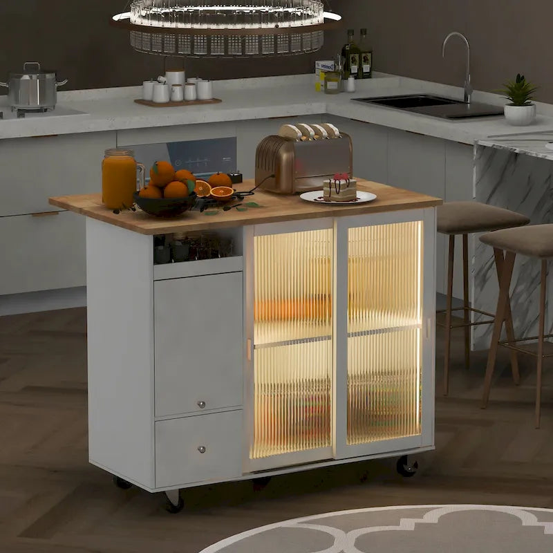 Rolling Kitchen Island Cart with Drop Leaf, LED Light and Sliding Glass Doors