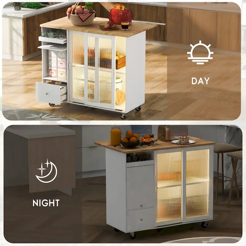 Rolling Kitchen Island Cart with Drop Leaf, LED Light and Sliding Glass Doors