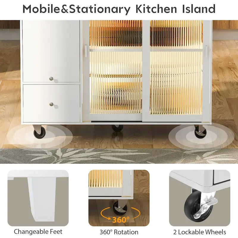 Rolling Kitchen Island Cart with Drop Leaf, LED Light and Sliding Glass Doors