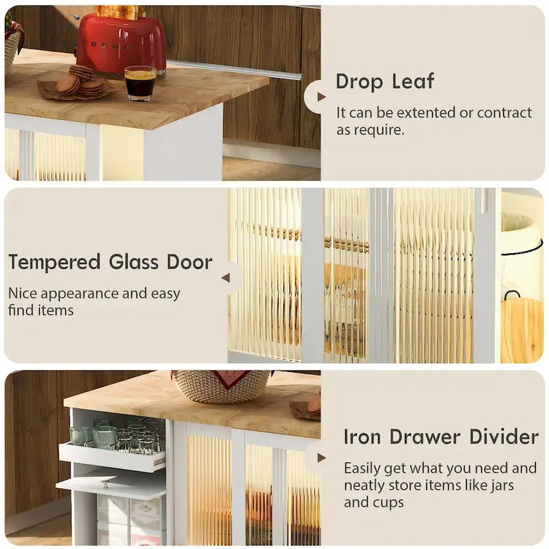 Rolling Kitchen Island Cart with Drop Leaf, LED Light and Sliding Glass Doors