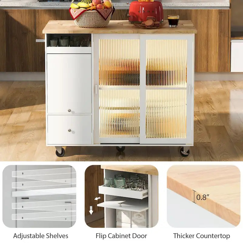 Rolling Kitchen Island Cart with Drop Leaf, LED Light and Sliding Glass Doors