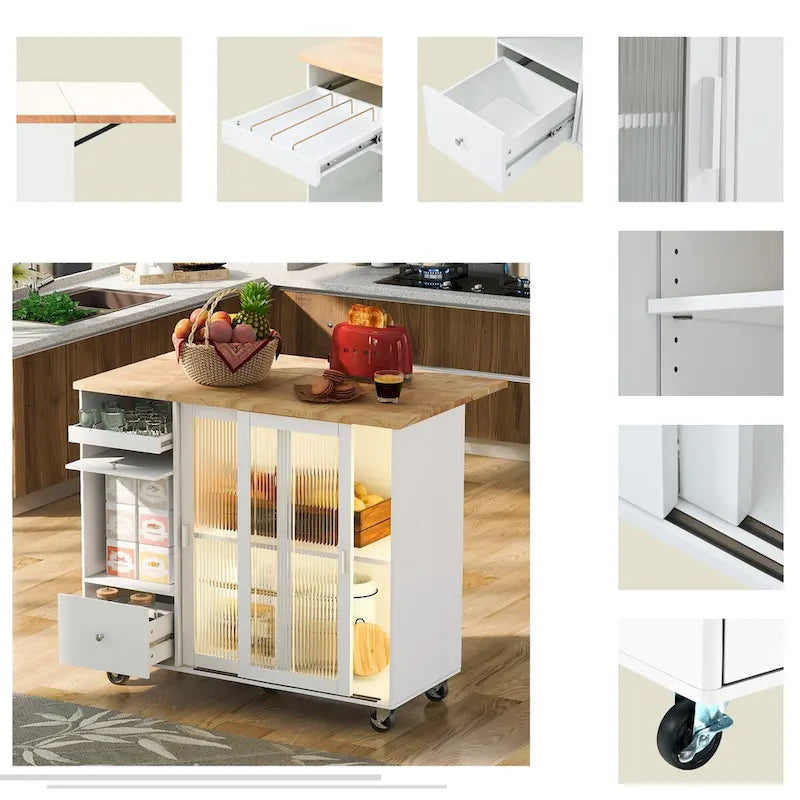 Rolling Kitchen Island Cart with Drop Leaf, LED Light and Sliding Glass Doors