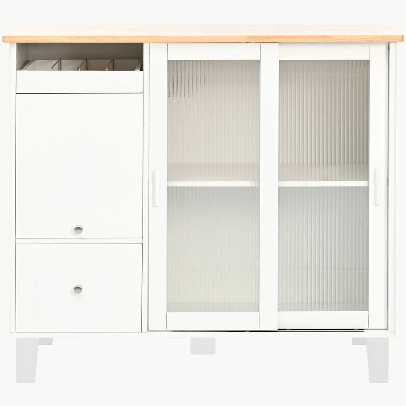 Rolling Kitchen Island Cart with Drop Leaf, LED Light and Sliding Glass Doors