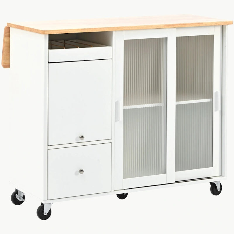 Rolling Kitchen Island Cart with Drop Leaf, LED Light and Sliding Glass Doors