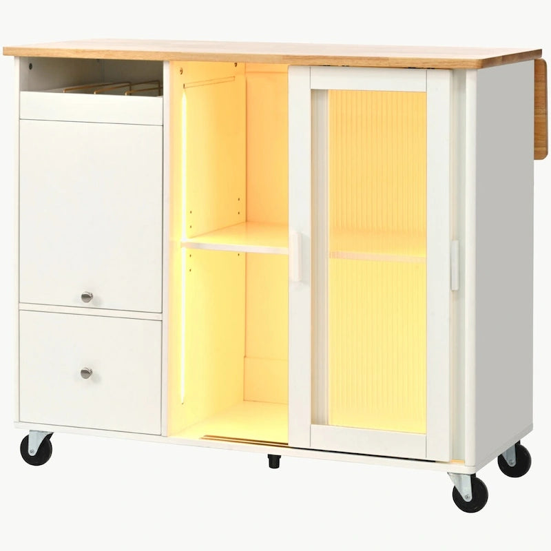 Rolling Kitchen Island Cart with Drop Leaf, LED Light and Sliding Glass Doors