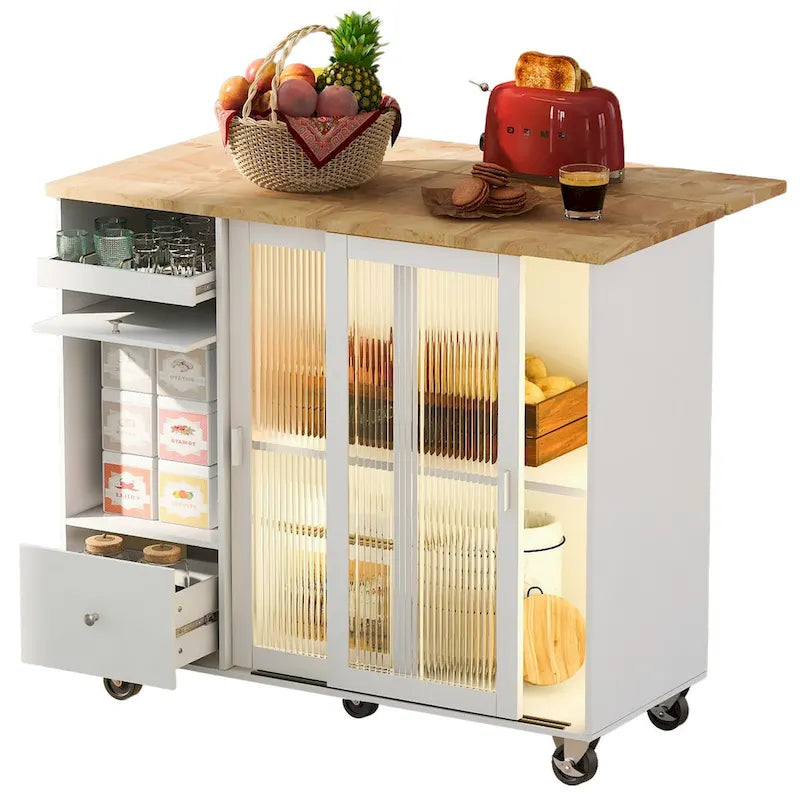 Rolling Kitchen Island Cart with Drop Leaf, LED Light and Sliding Glass Doors