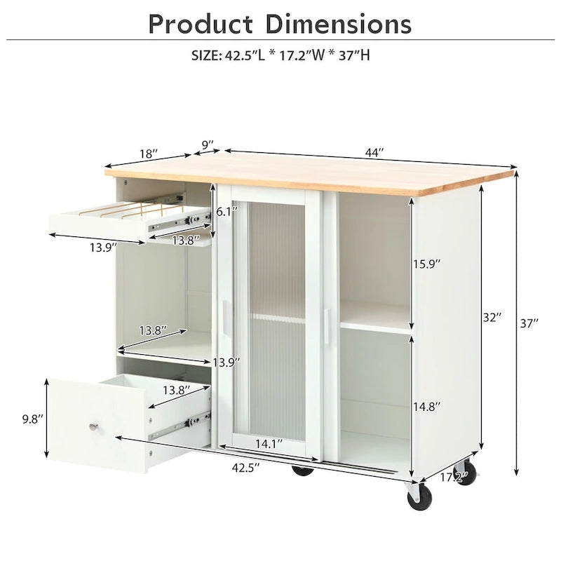 Rolling Kitchen Island Cart with Drop Leaf, LED Light and Sliding Glass Doors
