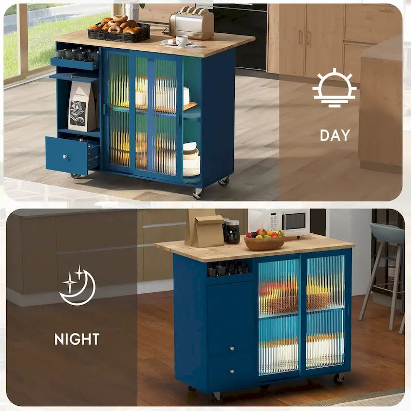 Rolling Kitchen Island Cart with Drop Leaf, LED Light and Sliding Glass Doors