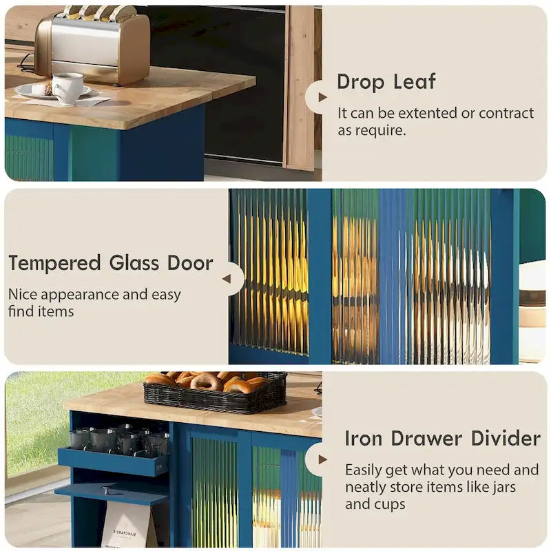 Rolling Kitchen Island Cart with Drop Leaf, LED Light and Sliding Glass Doors