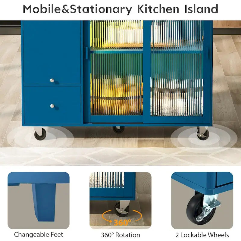 Rolling Kitchen Island Cart with Drop Leaf, LED Light and Sliding Glass Doors