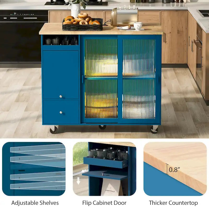Rolling Kitchen Island Cart with Drop Leaf, LED Light and Sliding Glass Doors