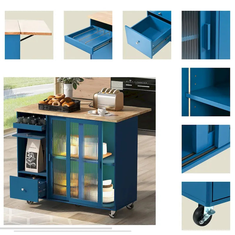 Rolling Kitchen Island Cart with Drop Leaf, LED Light and Sliding Glass Doors