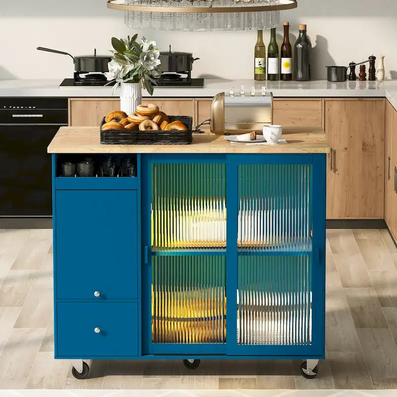 Rolling Kitchen Island Cart with Drop Leaf, LED Light and Sliding Glass Doors