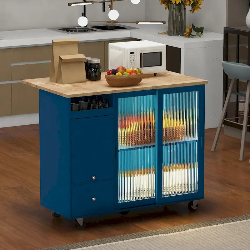 Rolling Kitchen Island Cart with Drop Leaf, LED Light and Sliding Glass Doors