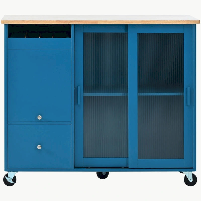 Rolling Kitchen Island Cart with Drop Leaf, LED Light and Sliding Glass Doors