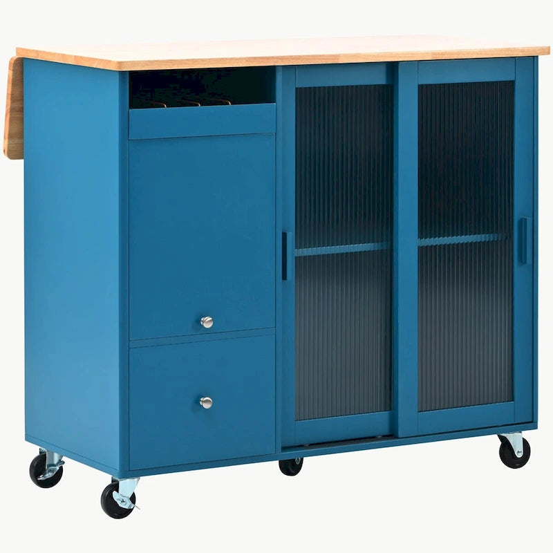 Rolling Kitchen Island Cart with Drop Leaf, LED Light and Sliding Glass Doors