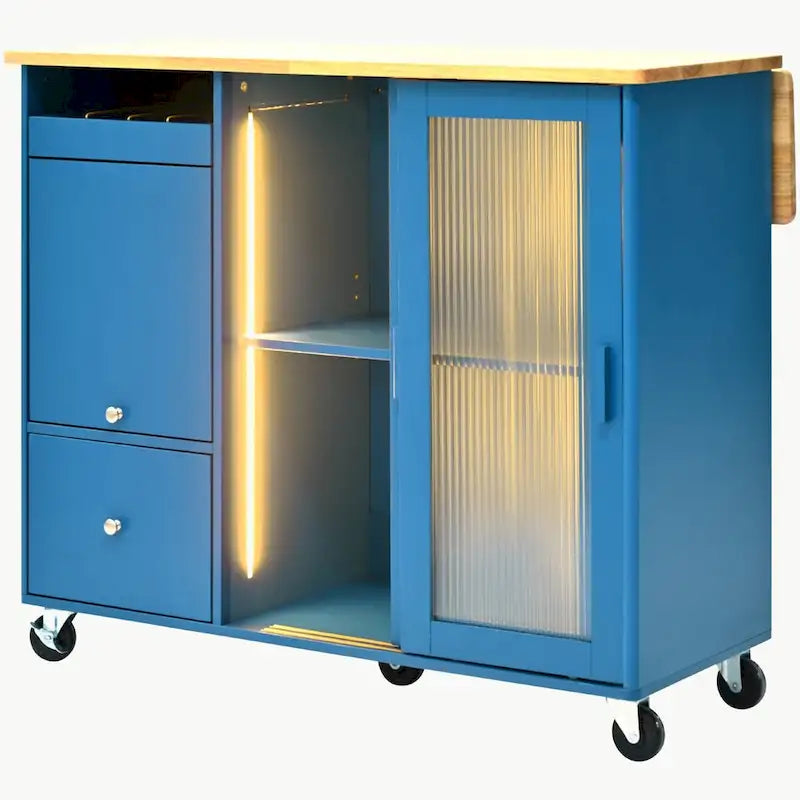 Rolling Kitchen Island Cart with Drop Leaf, LED Light and Sliding Glass Doors