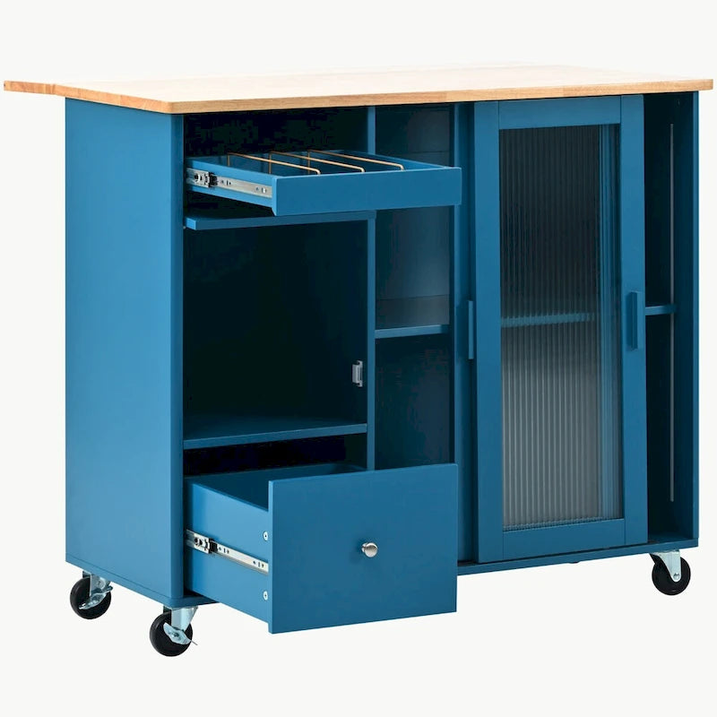 Rolling Kitchen Island Cart with Drop Leaf, LED Light and Sliding Glass Doors