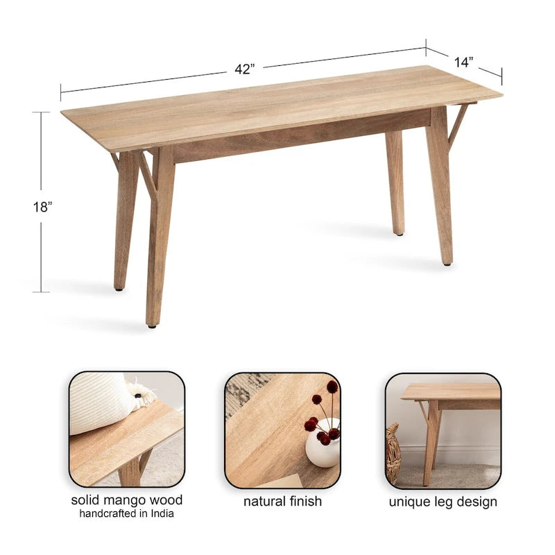 Solid Mango Wood Bench with Mid-Century Modern Design