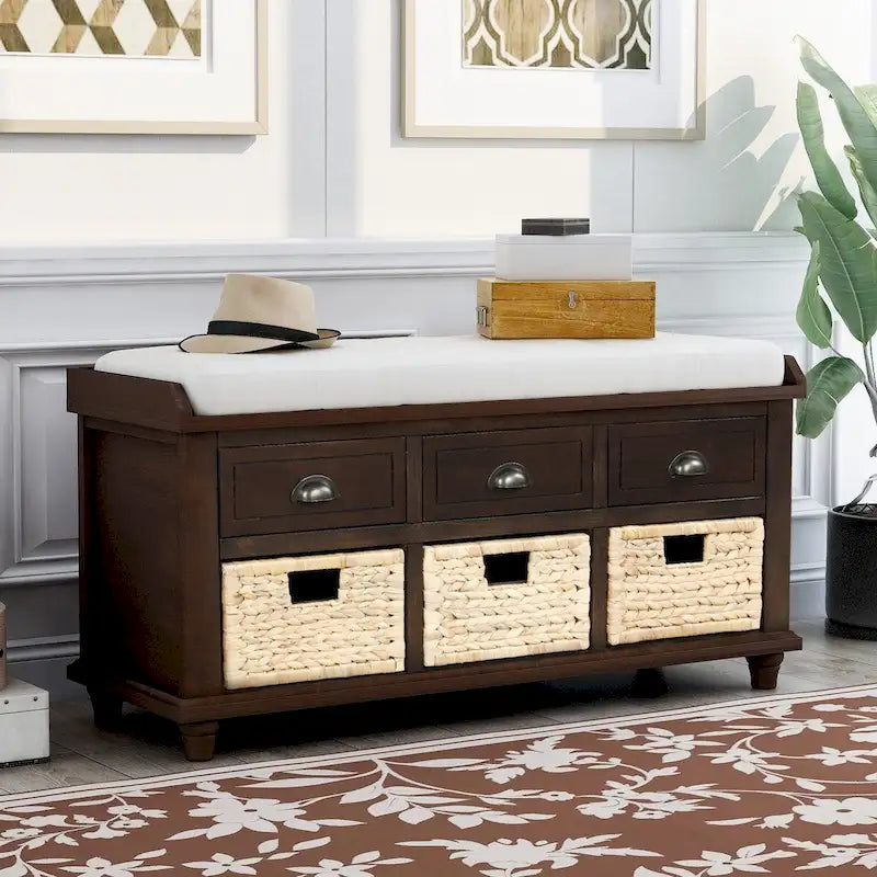 Rustic Storage Bench with Cushion, 3 Drawers & 3 Rattan Baskets